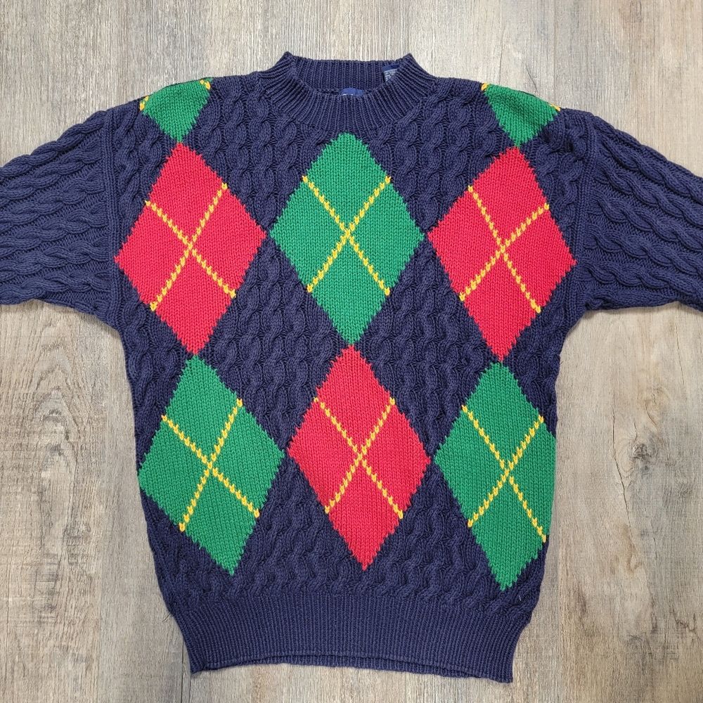 Vintage GAP Sweater Blue Diamond Argyle Cabke Knit 90s Preppy Size Medium